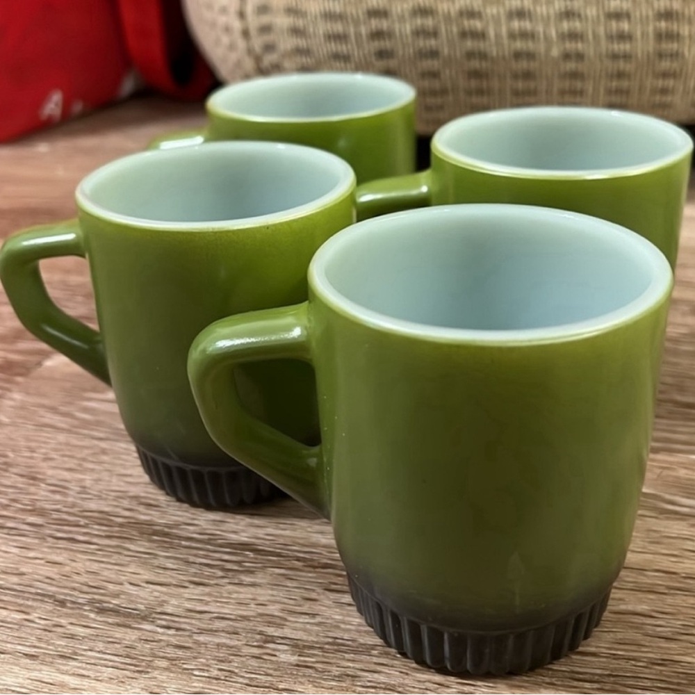 4 Fire King Avocado Green Black Coffee Mugs / Vintage Stacking Cups